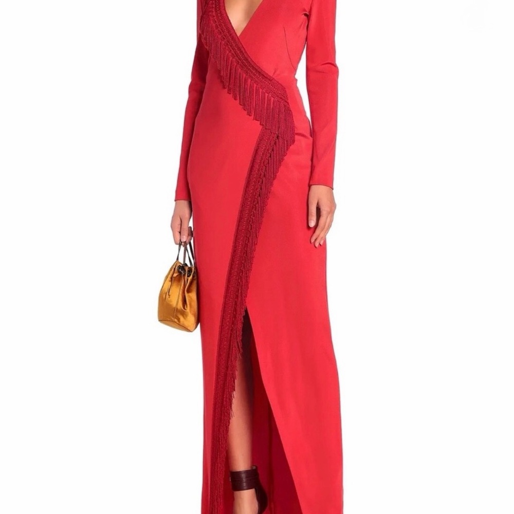 GALVAN Maxi Fringe Trimmed Dress Red